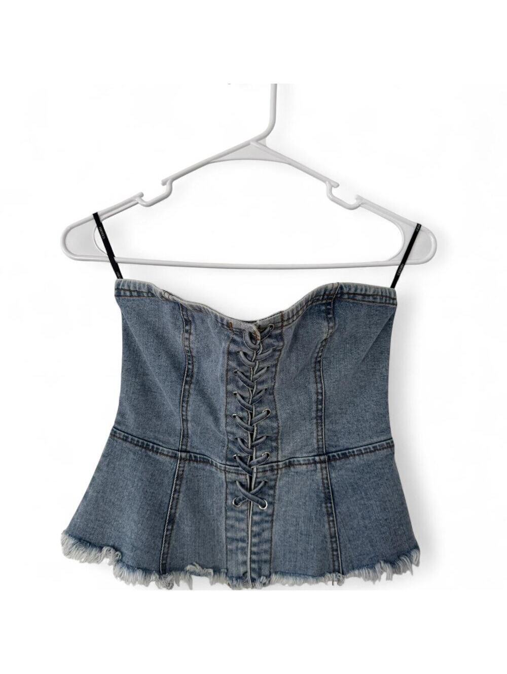 Forever 21 90s Slinky Sleeveless Night Life Lace-up Blue Denim Corset Size S